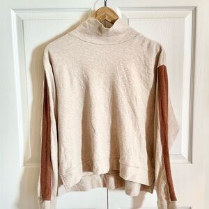 pact Heather Tan & Brown 100% Organic Cotton Split Hem Cowl Neck Sweater L